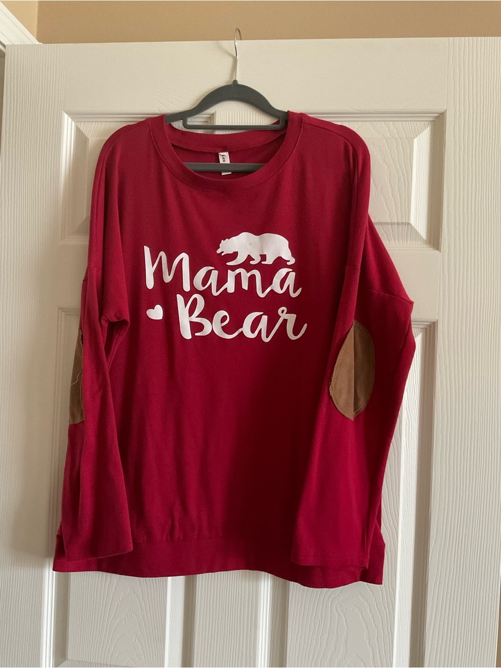 Leo Rosi Red Mama Bear Sweatshirt with Tan Elbow Patches